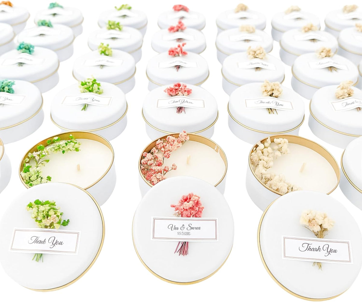 Scented Soy Wax Candle Favors with Dried Flowers - Personalized for Weddings, Bridal Showers, Baby