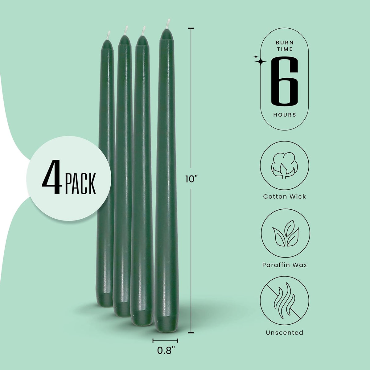 Leor & Lair Green Taper Candles - 4 Pack 10" Green Candlesticks for Christmas - Unscented Long