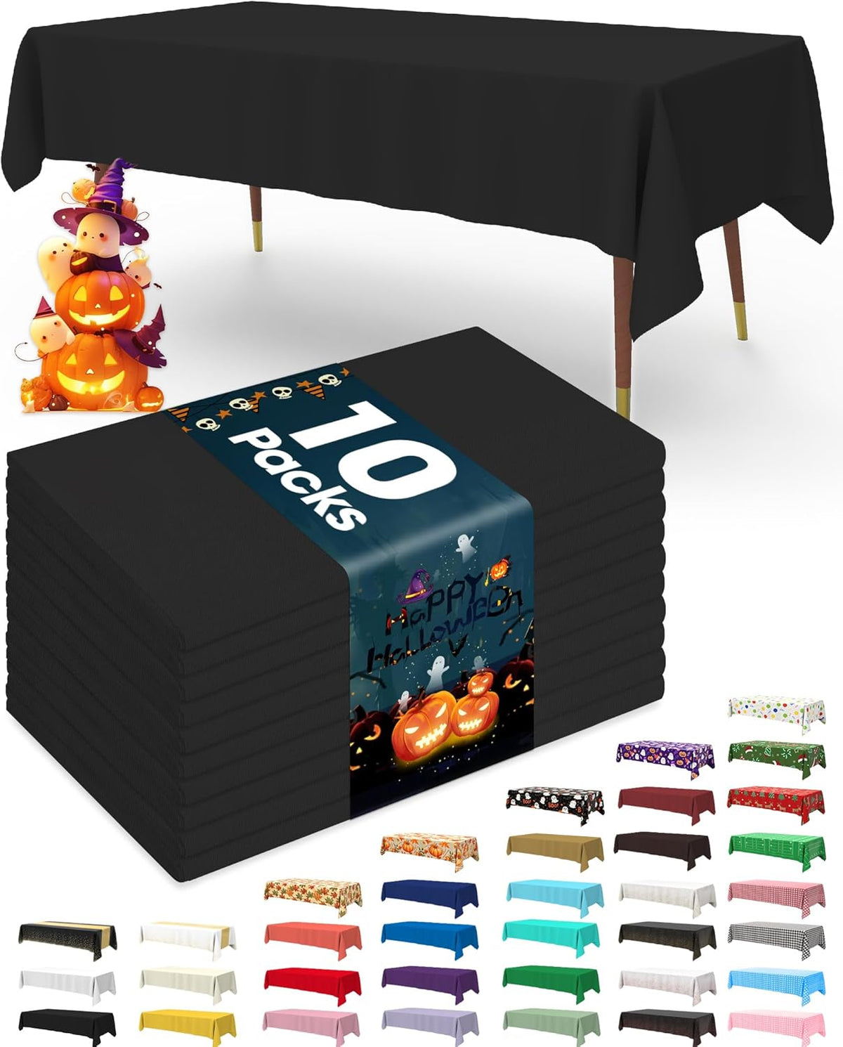 Pureegg Plastic Table Cloth Disposable 10 Pack, 54 x 132 Inch Table Cloths, Halloween Party