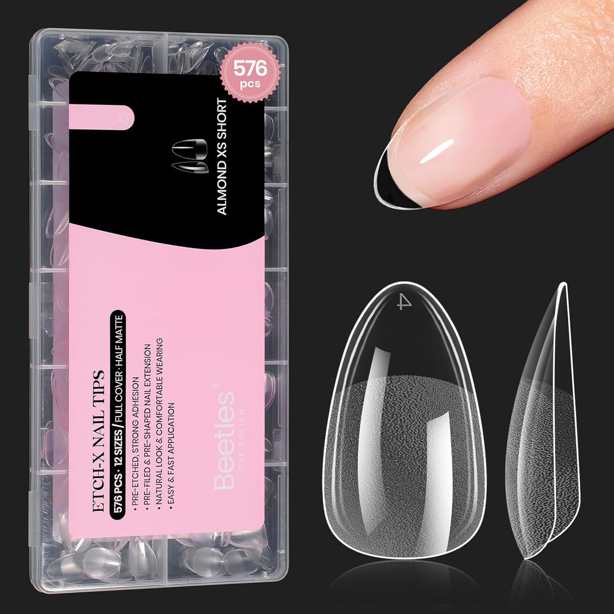 Beetles Gel Nail Tips 576Pcs Extra Short Almond Fake Nails Etch-X Half Matte Press on Nail Tips