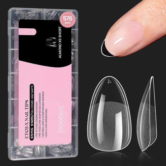 Beetles Gel Nail Tips 576Pcs Extra Short Almond Fake Nails Etch-X Half Matte Press on Nail Tips