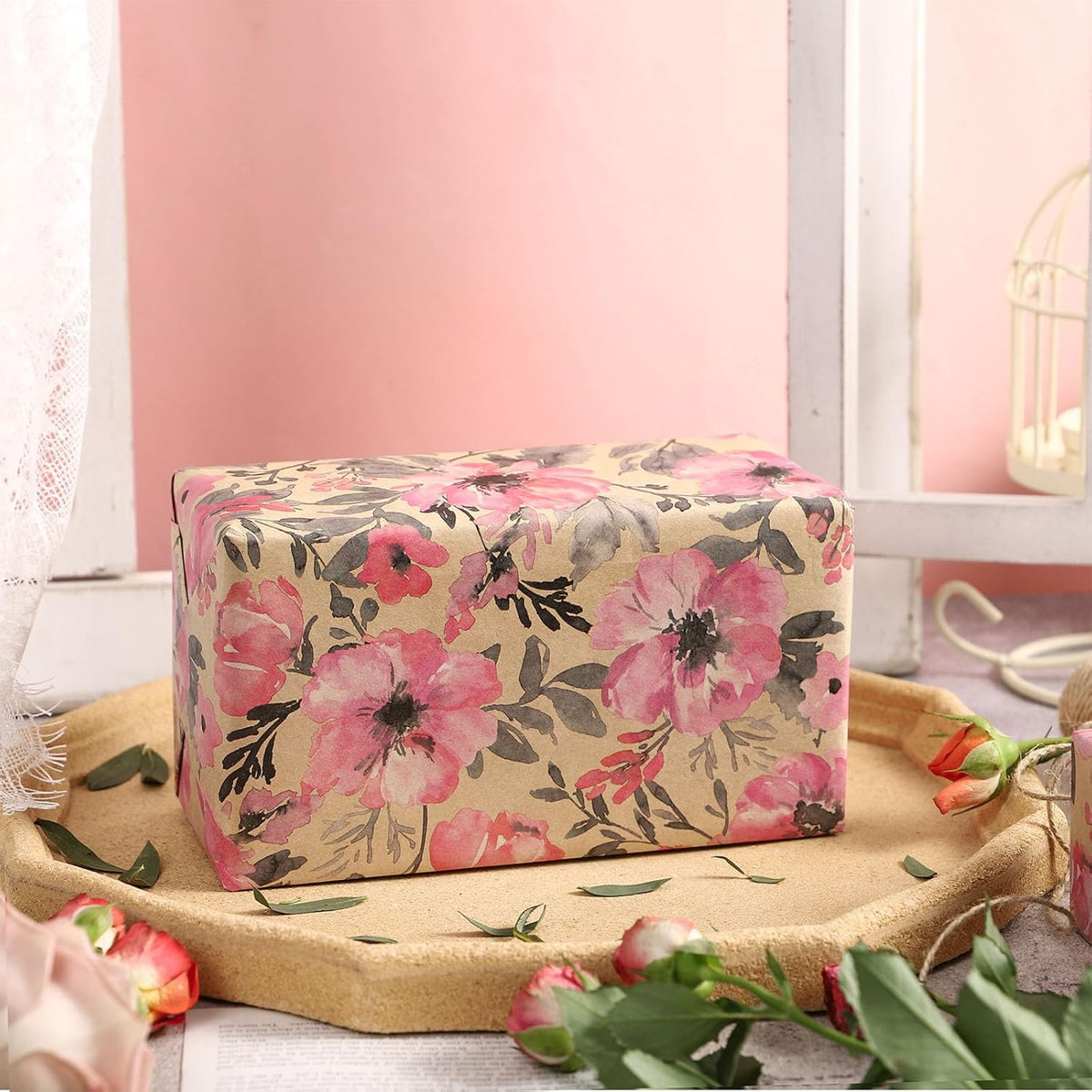 RUSPEPA Pink Wrapping Paper Roll, 17 in x 16.4 ft, Mini Roll, Floral Wrapping Paper, Kraft Gift