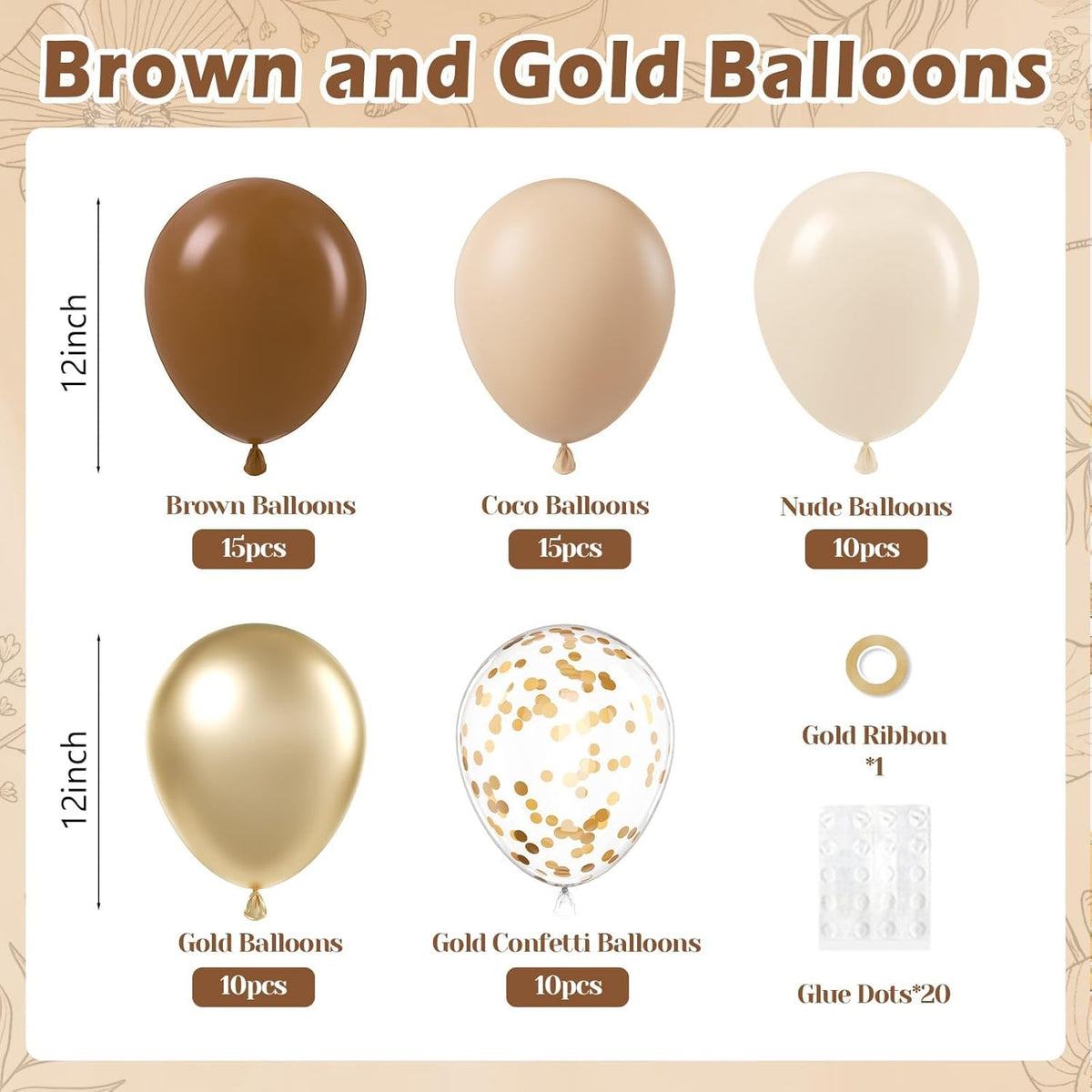 60pcs Brown and Gold Balloons for Neutral Bridal Shower, Birthday, Baby Shower Party Decorations