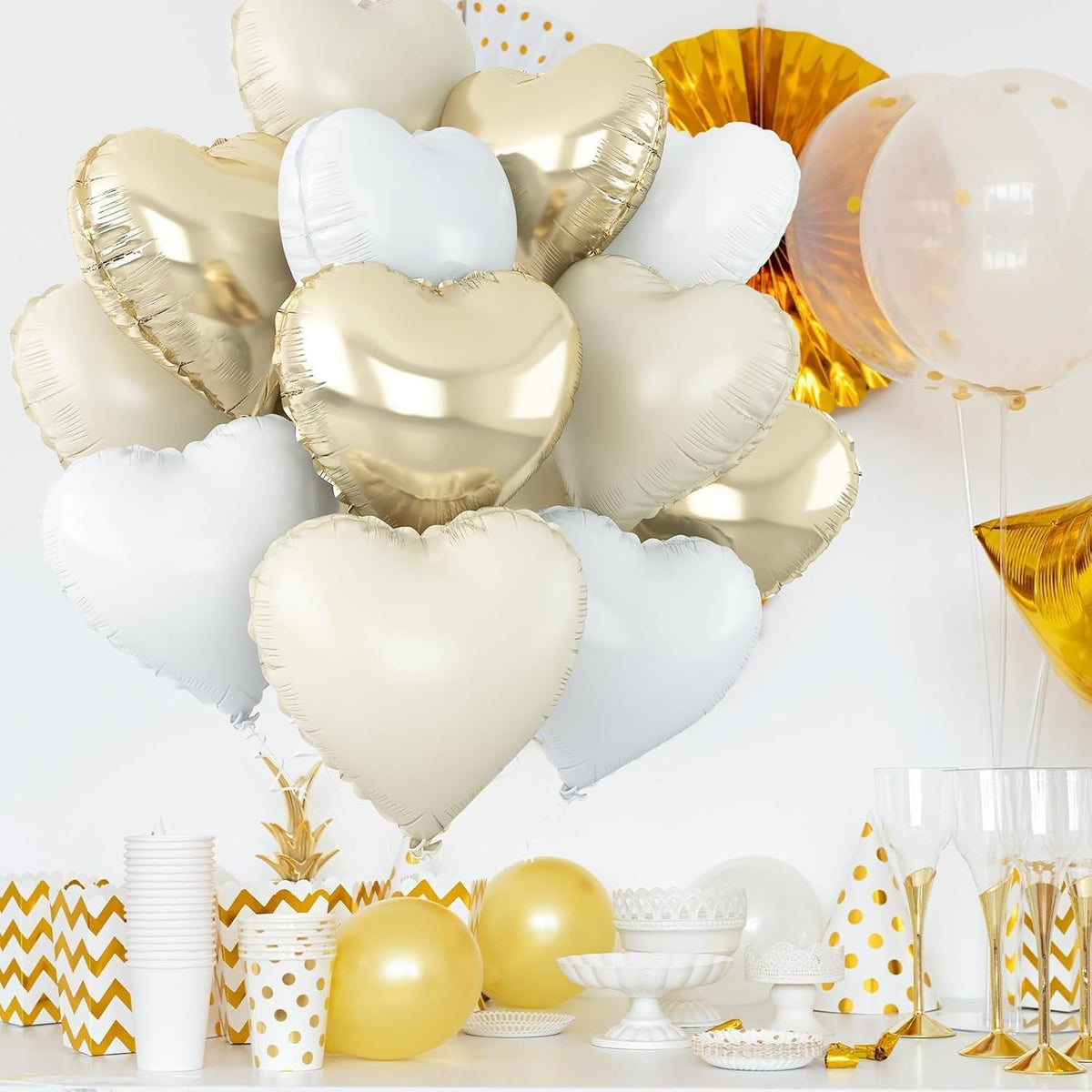 Cream White Heart Balloons,12Pcs Sand White Gold Heart Shaped Foil Balloons,18Inch Beige Helium