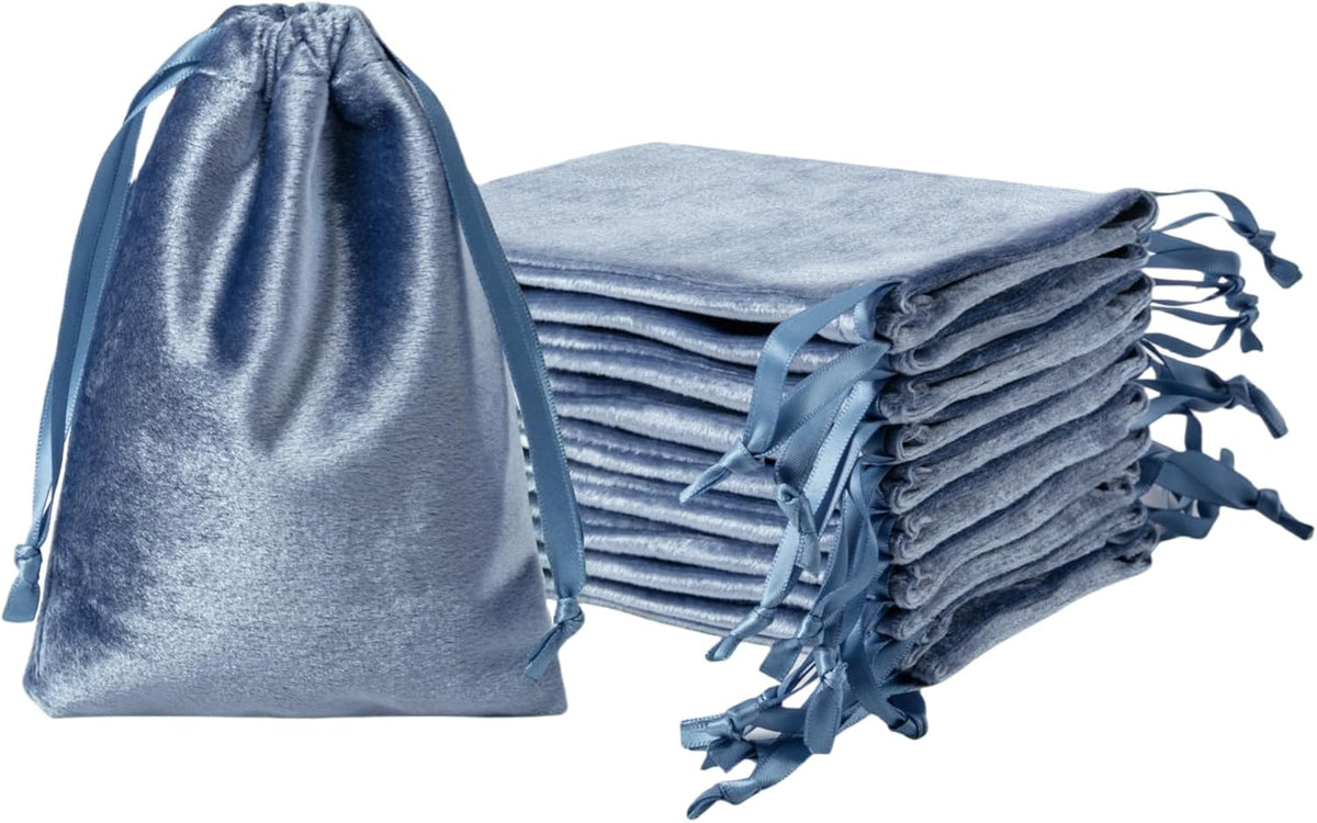 QIANF 12pcs Dusty Blue Velvet Drawstring Bags 4x6 inches Glossy Small Velvet Cloth Gift Bags