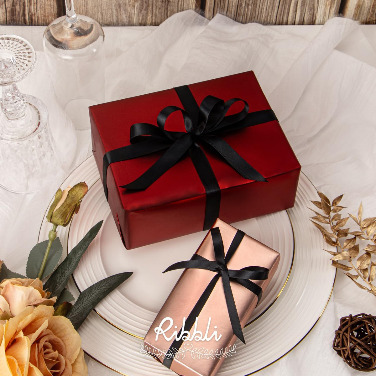 Ribbli Double Faced Black Satin Ribbon,3/8” x Continuous 25 Yards,Use for Bows Bouquet,Gift
