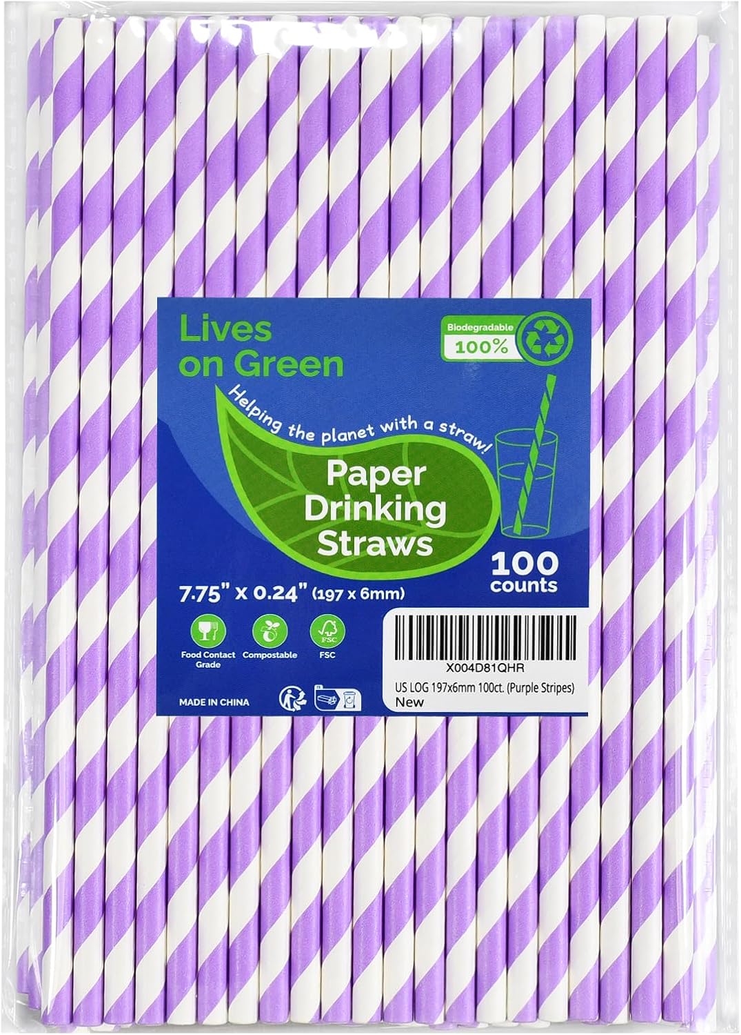 Disposable Purple Striped Party Paper Drinking Straws 100 Counts 7.75'' x 0.24'', Unwrapped, for