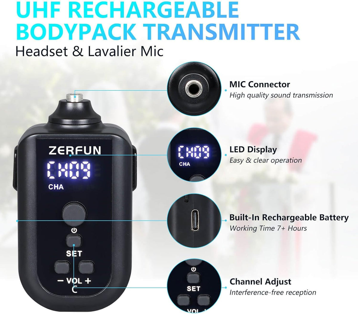 4 Channel Rechargeable Wireless Microphone System, Pro UHF Metal Handheld Headset Lavalier Lapel