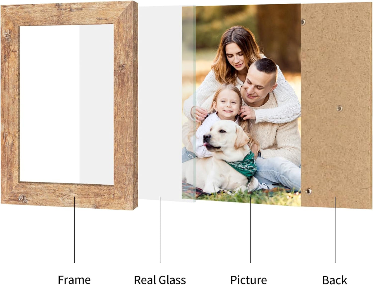 6x9 Picture Frame Set of 4, High Definition Real Glass Rustic Brown Frame, 6 x 9 Wood Photo Frames