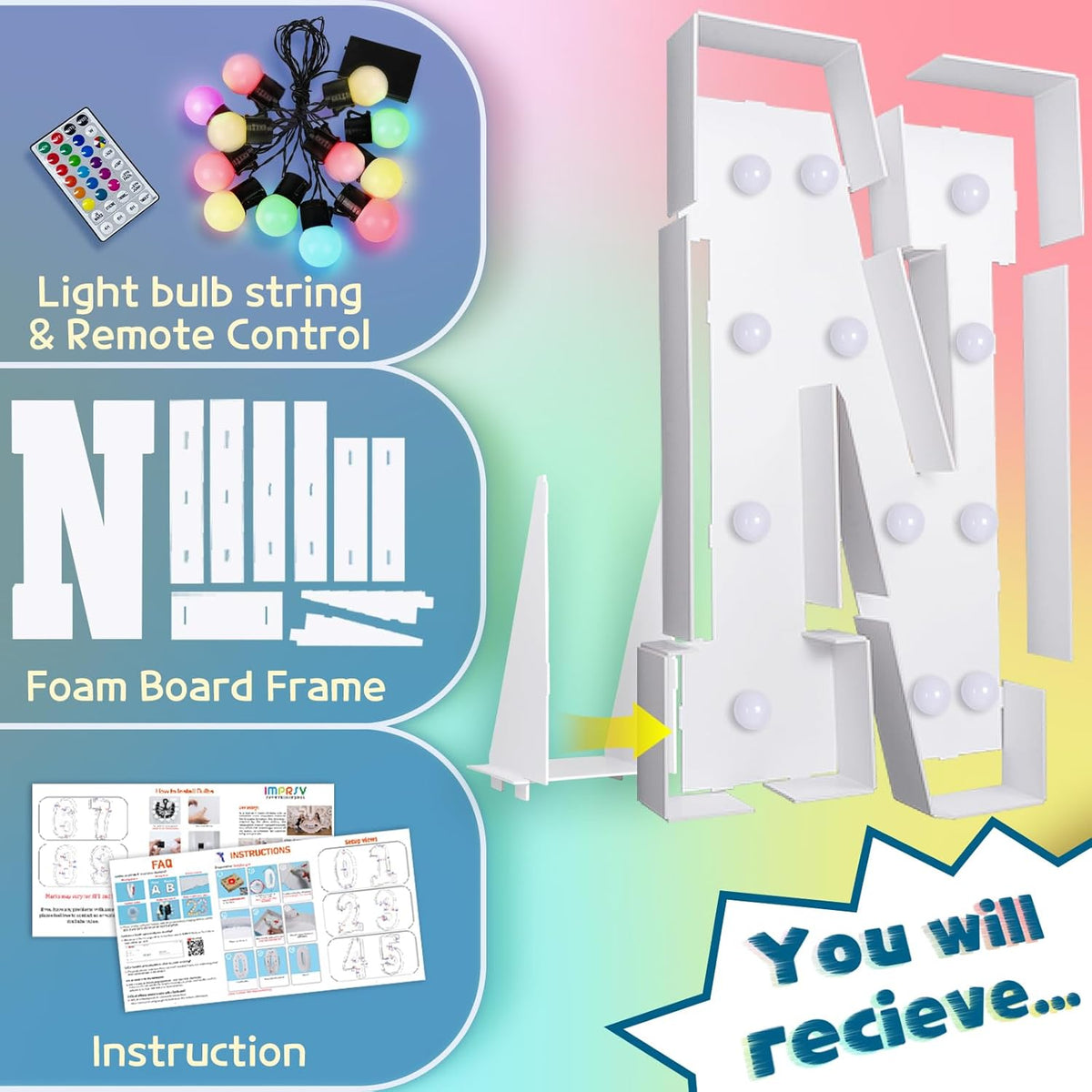 imprsv 4FT Colorful Marquee Light Up Letters N, 18 Colors Large Light up Letters Alphabet Sign with