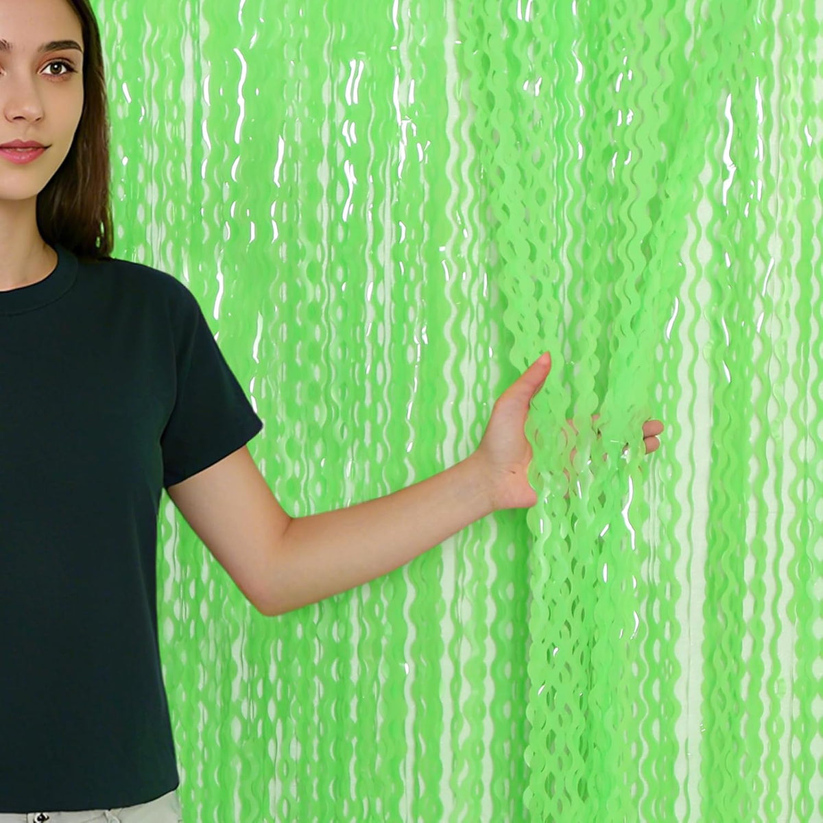 4 Pack Wavy Green Tinsel Backdrop Curtain - 3.3 ft x 6.6 ft Green Foil Fringe Curtains Photo Booth