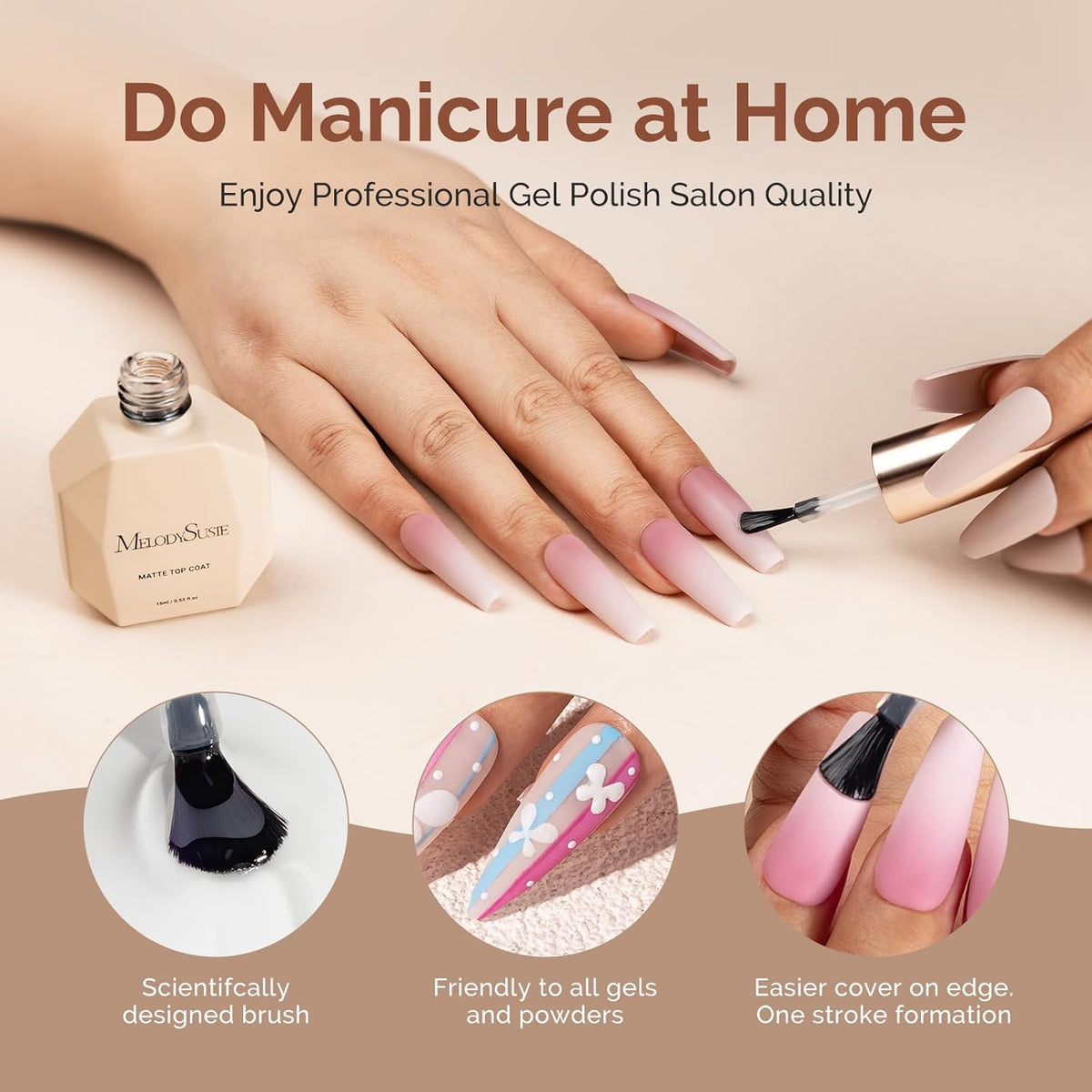 MelodySusie 15ML No Wipe Matte Gel Top Coat - Long Lasting Top Gel for Clear Nail Gel and Acrylic
