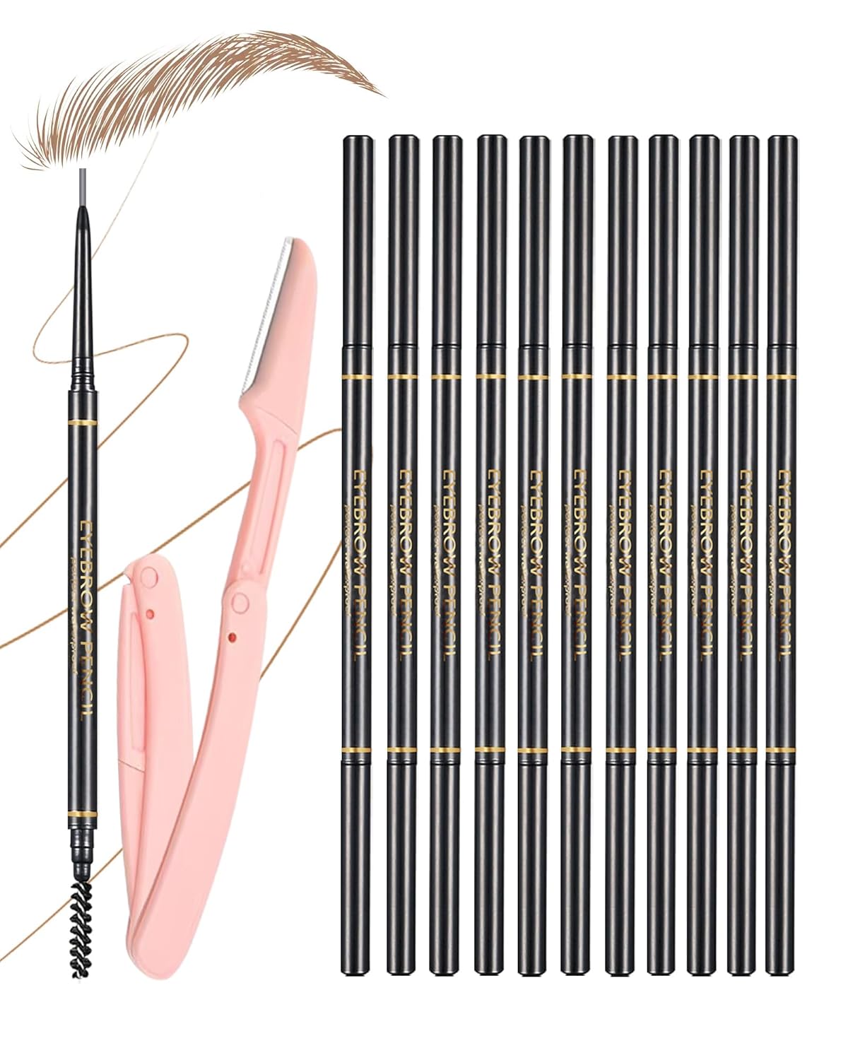 Light Brown Eyebrow Pencils for Women, 12Pcs Ultra Slim Eyebrow Pencil with 2 Brow Razors Kit