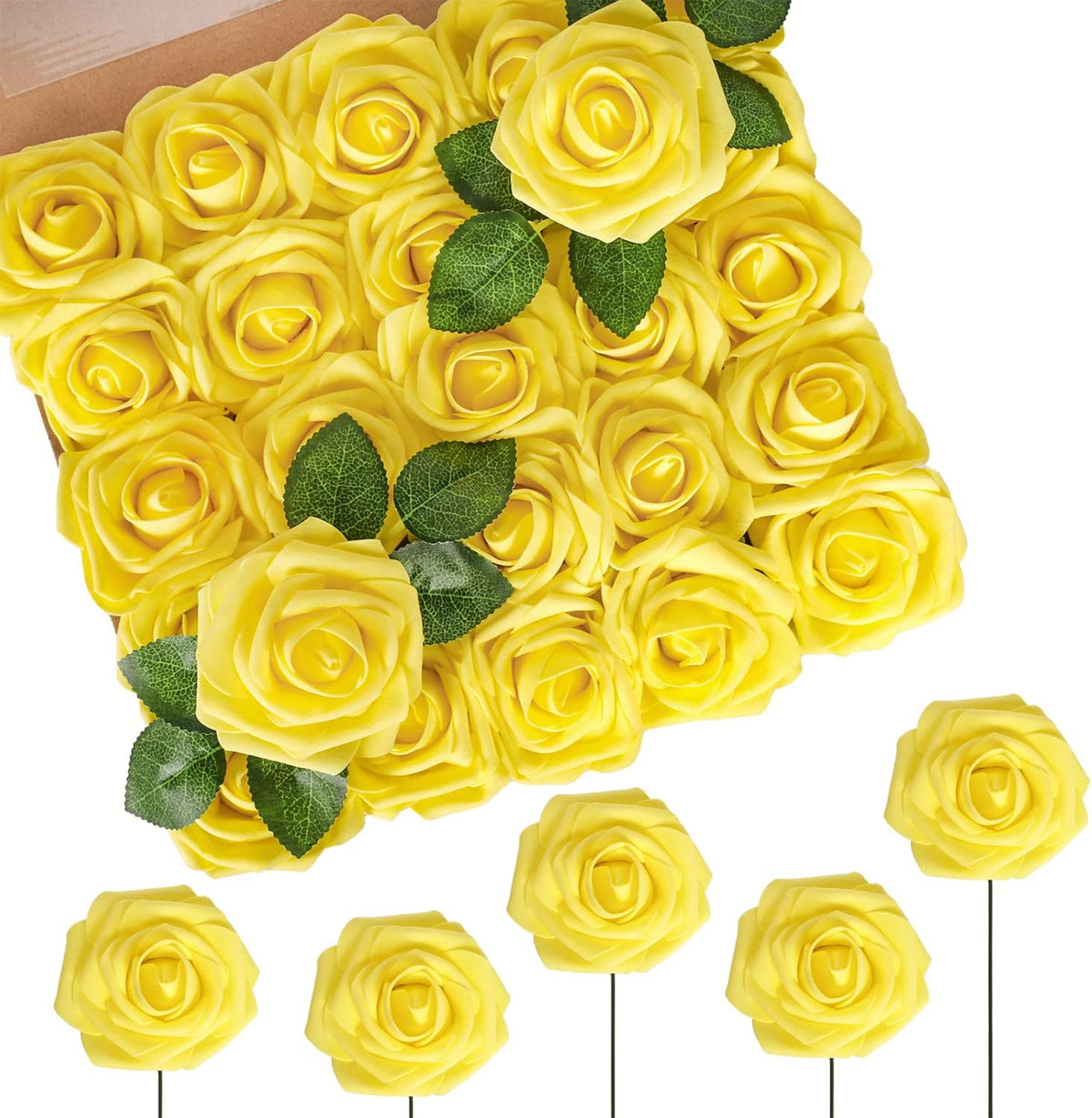 N&T NIETING Artificial Flowers Yellow Roses, 50 Pcs Fake Flowers Foam Roses Perfect for DIY Wedding