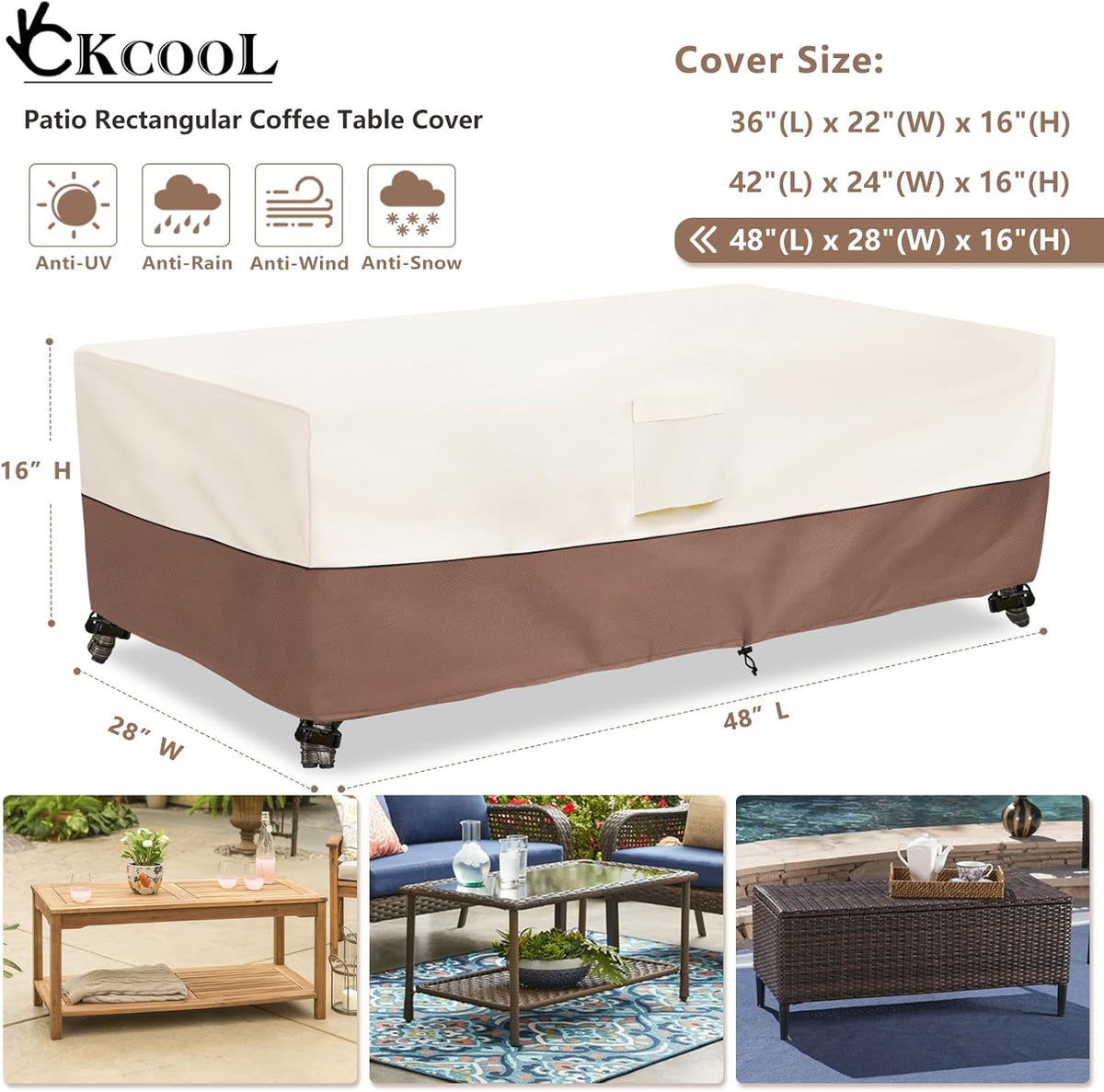 okcool Outdoor Coffee Table Cover,Waterproof Rectangular Patio Small Side Table Cover,48 x 28 x 16