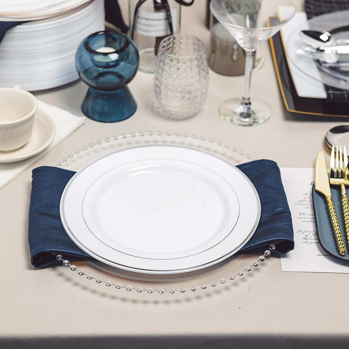 N9R 100PCS Silver Plastic Plates, 10.25 inch White Disposable Dinner Plate with Silver Rim, Heavy