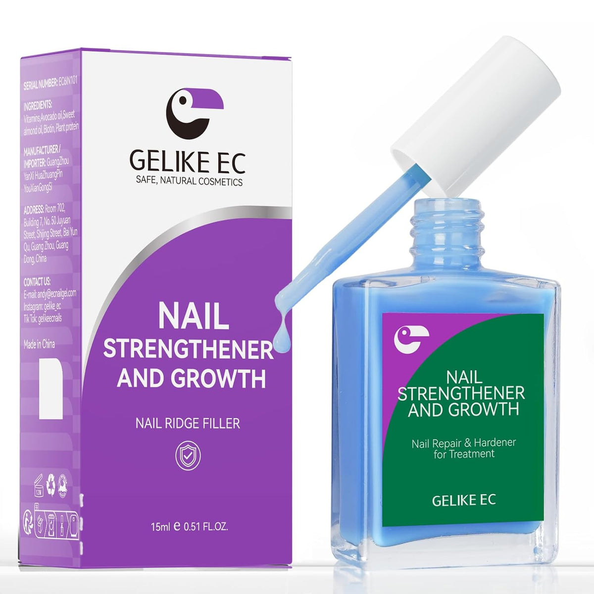 Nail Polish Strengthener and Growth Treatment: Azure Blue 15ml Gelike EC 6 in 1 Natural Nail