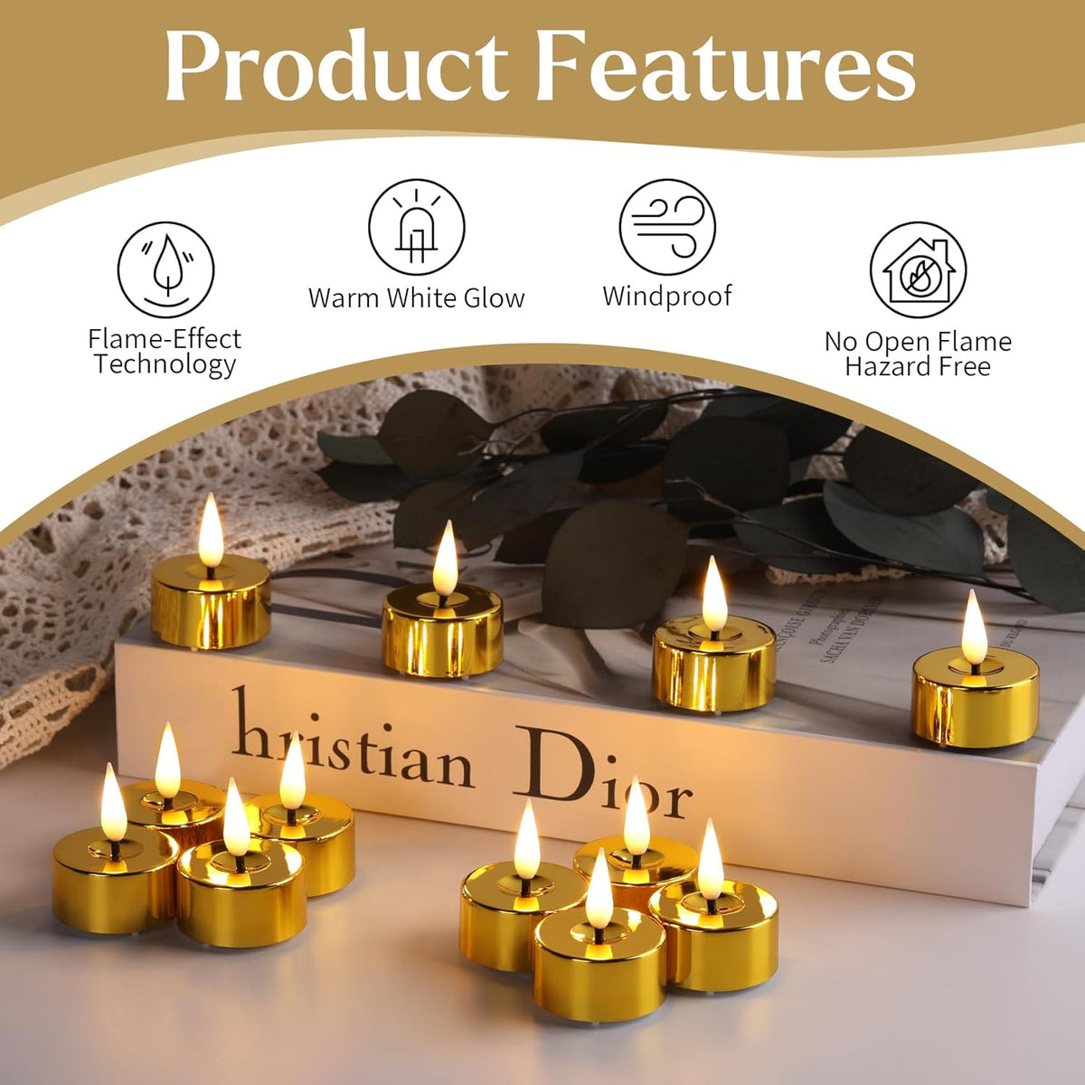 Eywamage Gold LED Tealights with Remote Batteries, Flickering Flameless Tea Lights Votive Candles