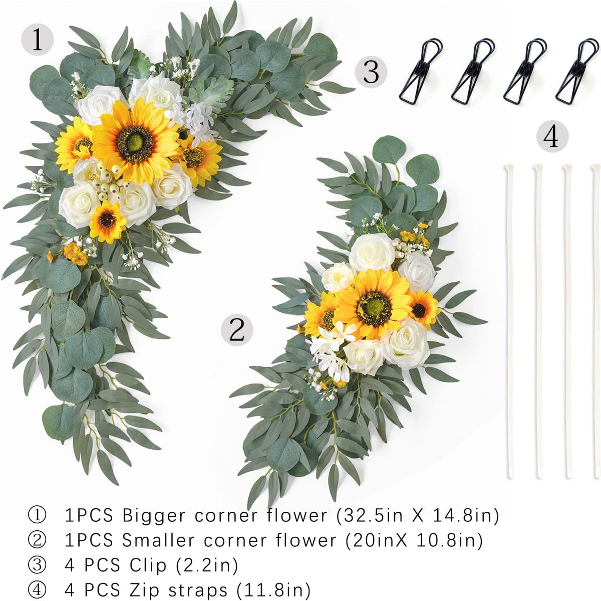 Ponatia Artificial Wedding Arch - Flowers (Pack of 2), White & Sunflowers for Wedding Welcome Signs
