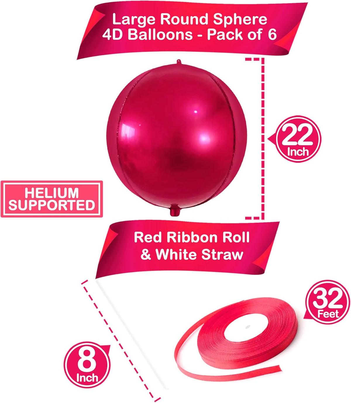 KatchOn Large Round Foil Balloons Set - 22 Inch, Pack of 6 | Metallic Hot Pink Balloons for Pink