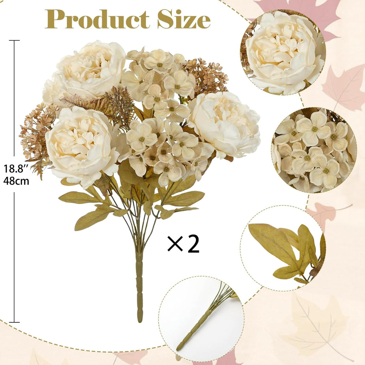 Hollyone 2Pcs Artificial Fall Flowers Bouquet 18.8" White Dried Peony Hydrangea Fake Fall Floral