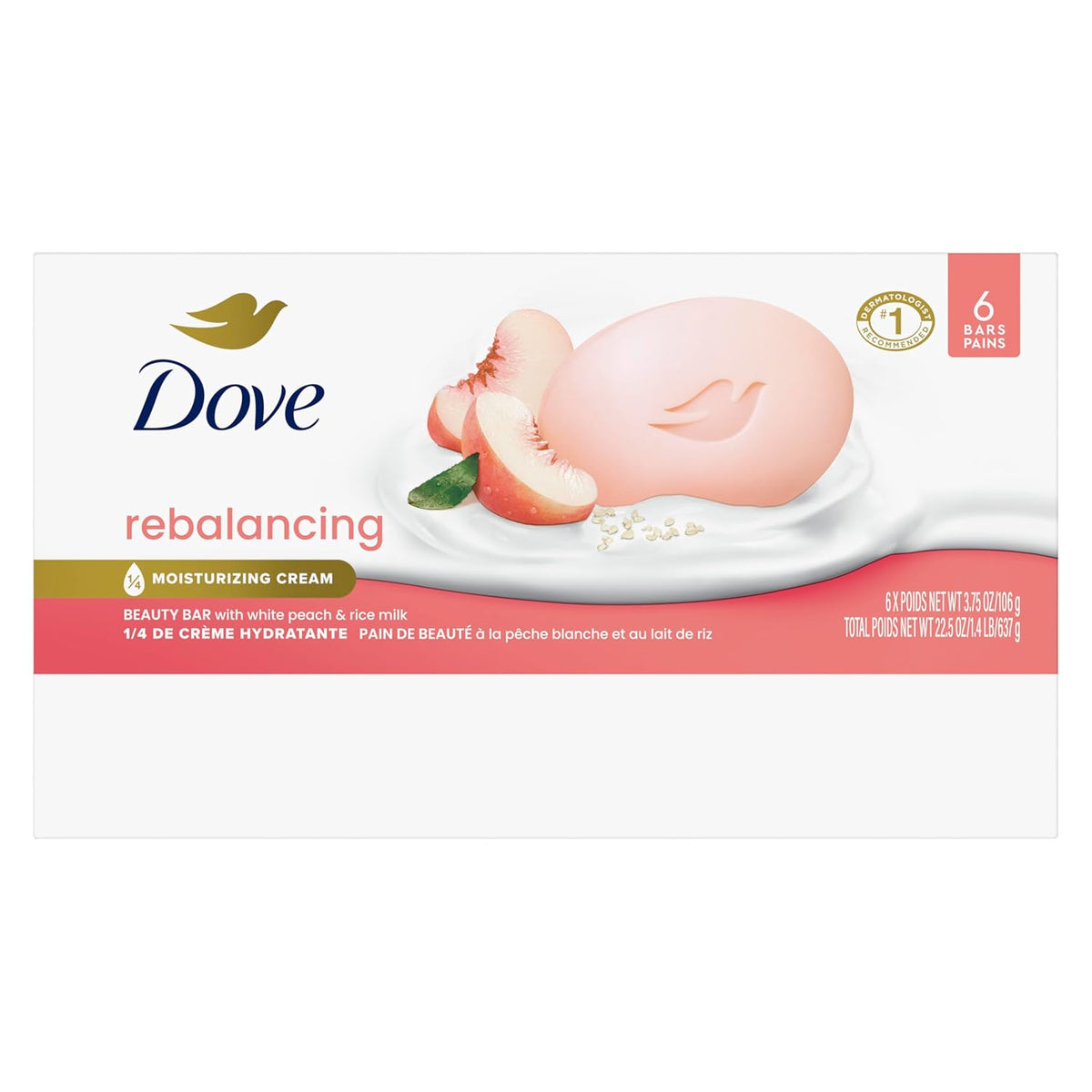 Dove Beauty Bar Soap Rebalancing White Peach & Rice Milk 6 Count for a Nourished and Moisturized