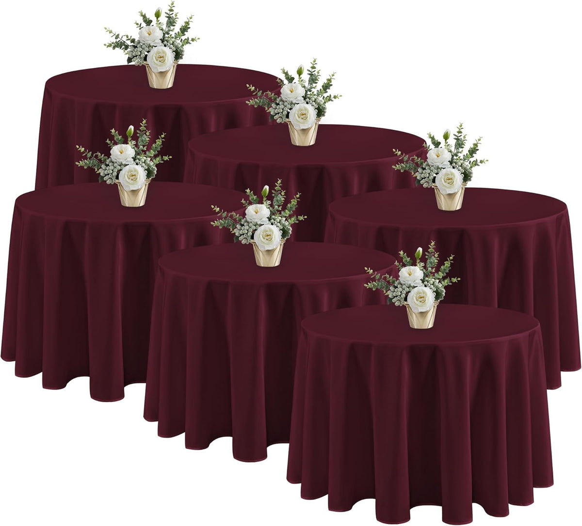 Fitable 6 Pack Burgundy Tablecloths for Round Tables - 108 Inches in Diameter - Stain Resistant and