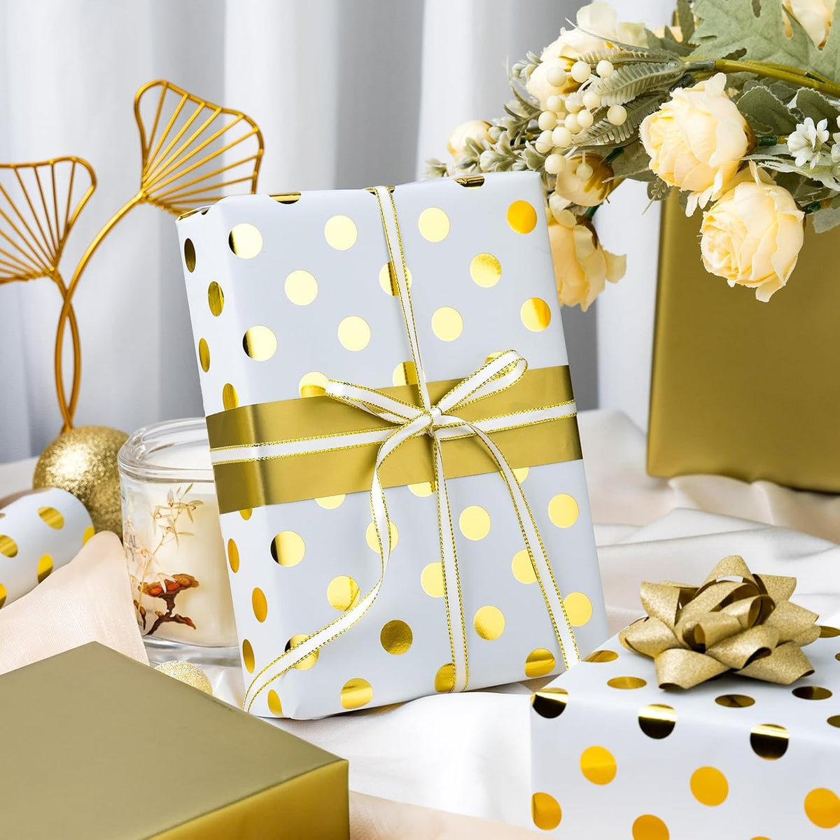 Burymento Platinum Dots Wrapping Paper, Reversible Gold Gift Wrap for Birthday, Valentines, Mothers