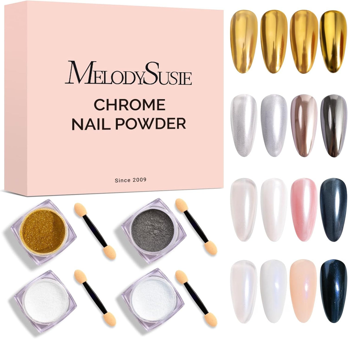 MelodySusie 4Pcs Chrome Nail Powder for Gel Nails, Aurora Fine Glitter Powder Mirror Effect Pigment