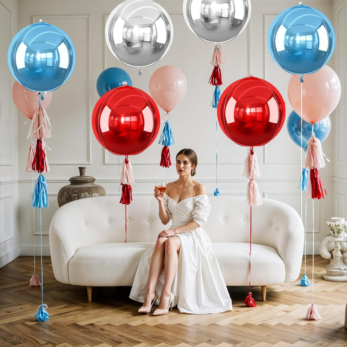 6Pcs Red Blue Silver Round Foil Balloons, 22inch 4D Metallic Balloons, Large Round Foil Ball