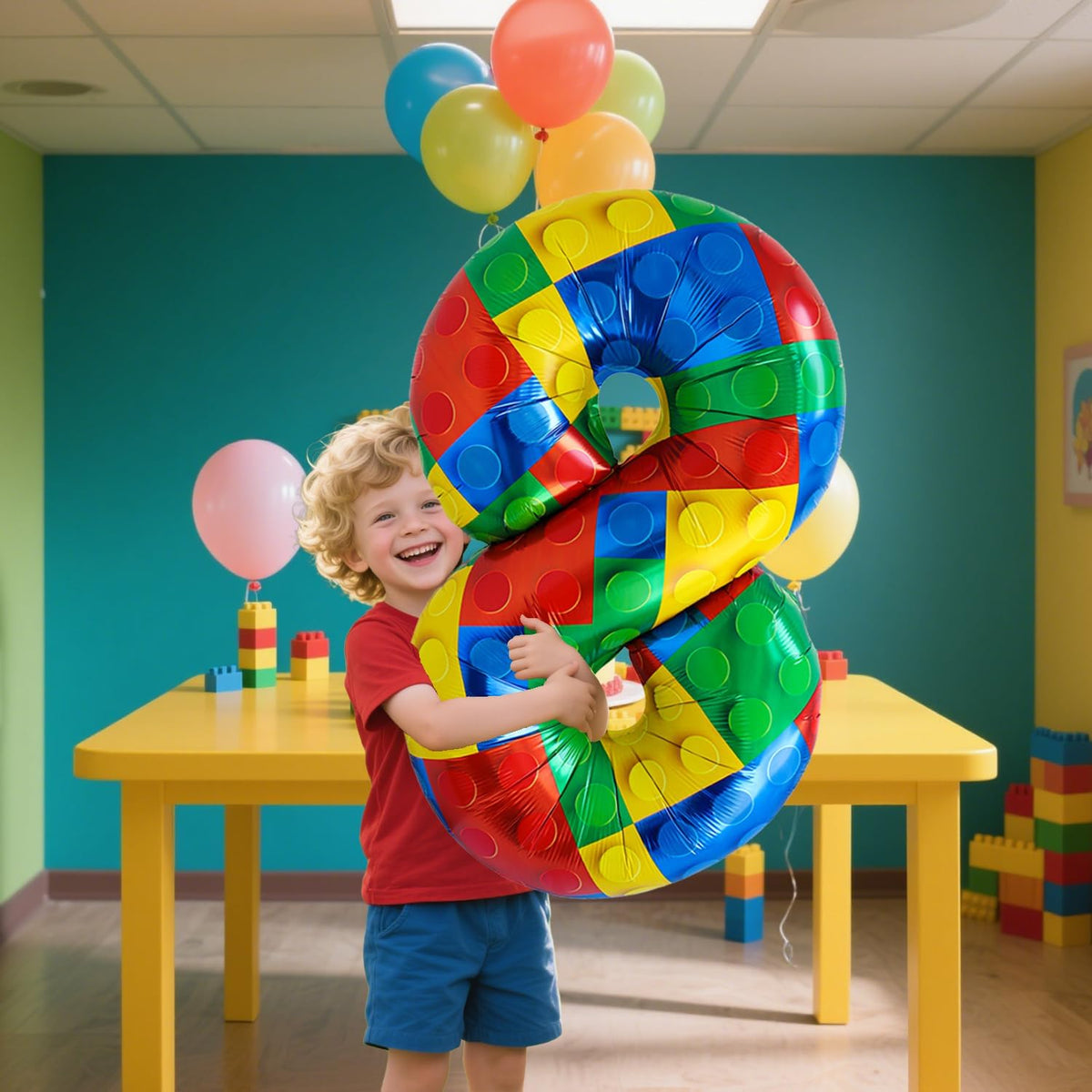 32 Inch Stackable Block Number Balloon – Colorful Brick Building Themed Big Helium Digits for Kids
