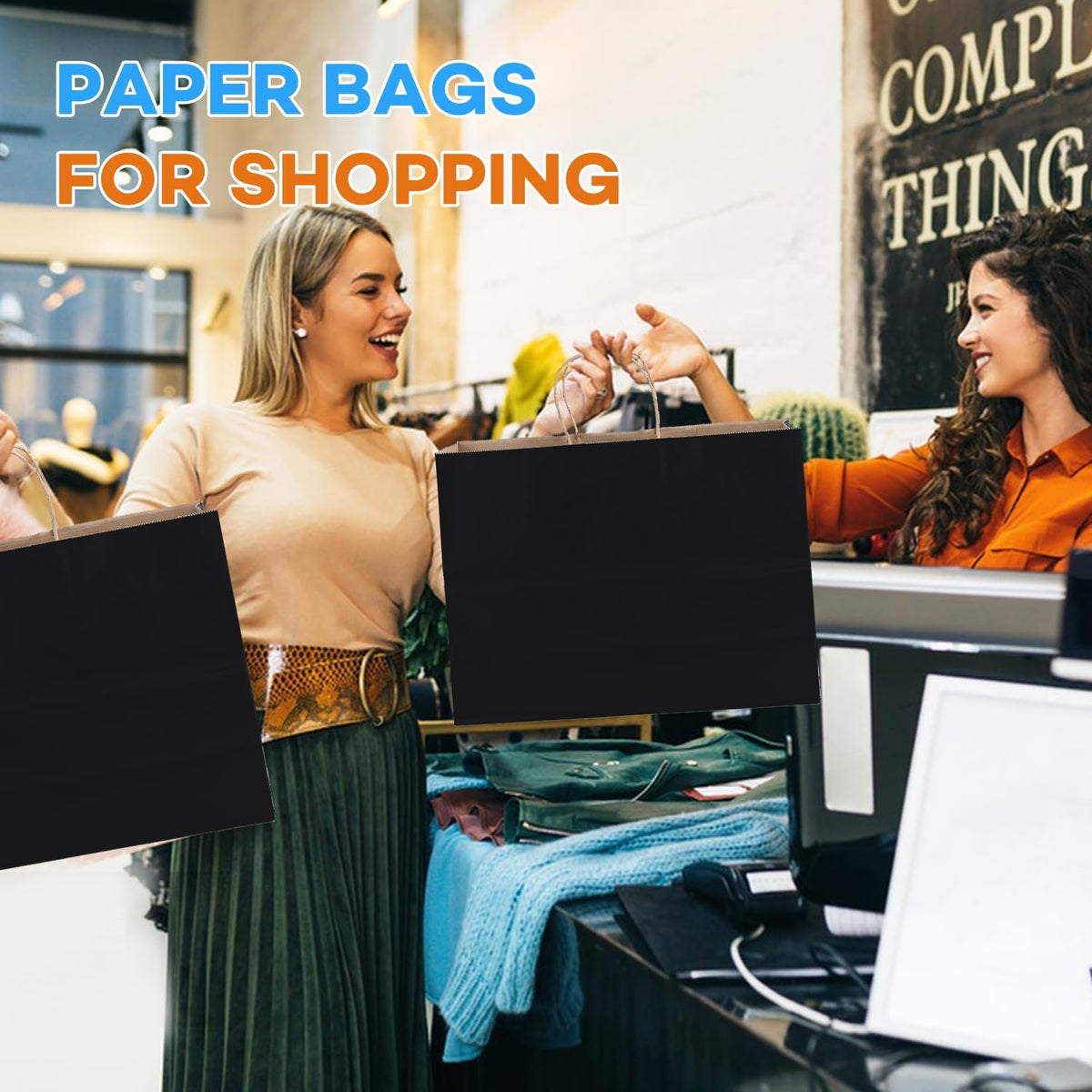 BURVAGY 16x6x12 Inch 100 Pcs Kraft Paper Bags with Handles Bulk, Kraft Shopping Black Large