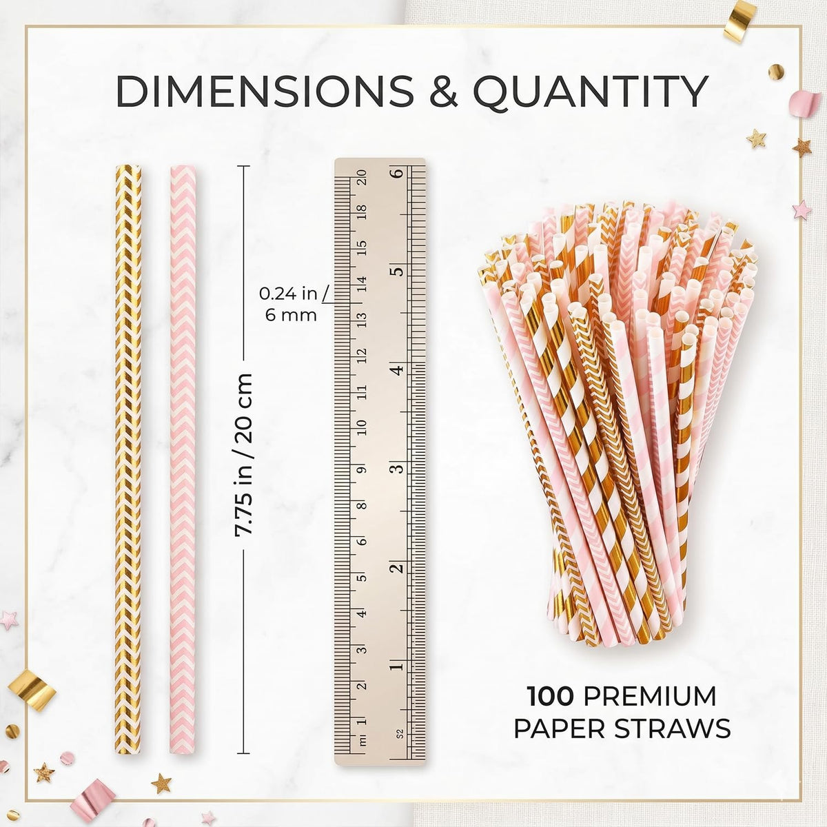 ALINK Gold Pink Paper Straws, 100 Pack Striped Party Straws