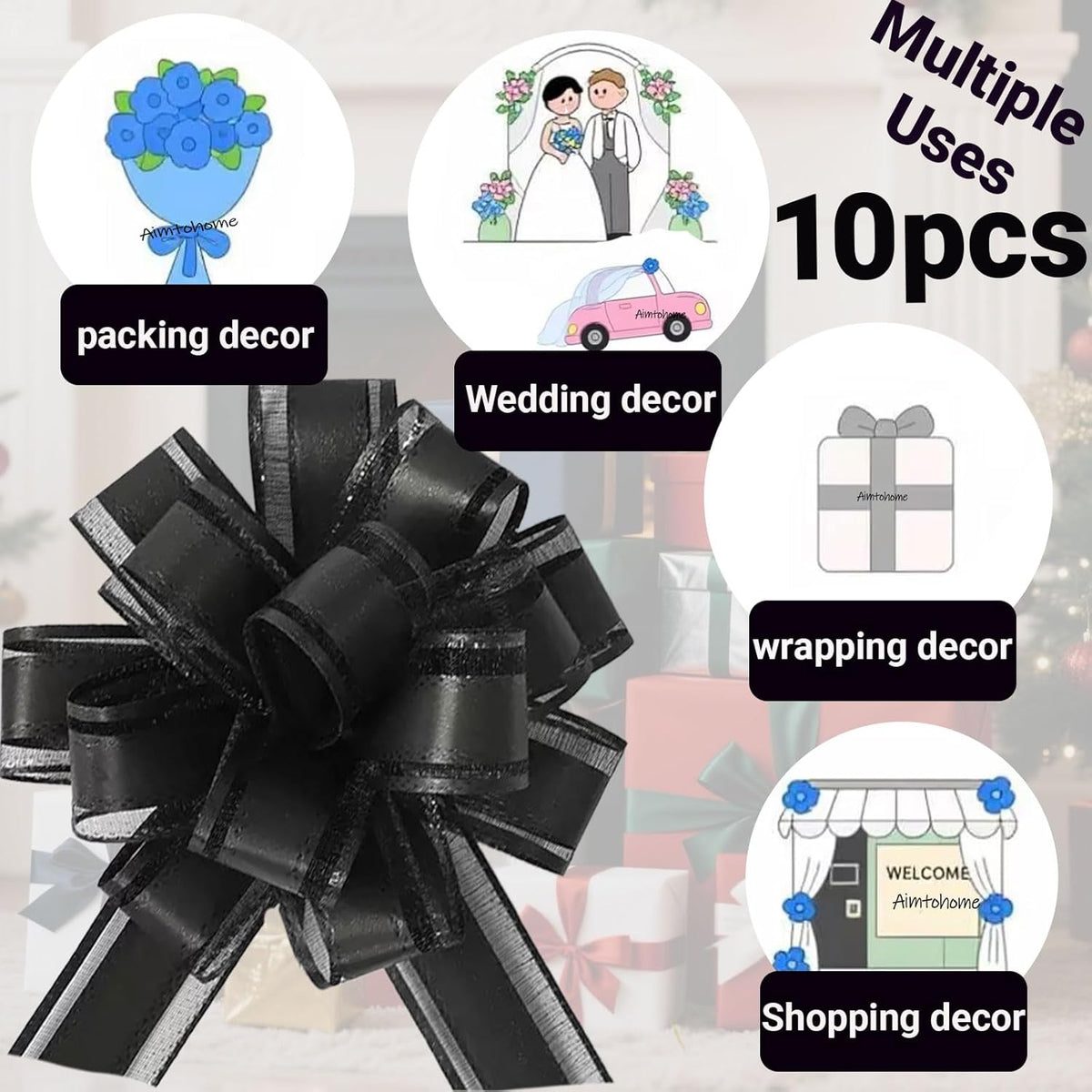 Small Pull Bows, 10 PCS 4 Inch Black Gift Bows for Wrapping,Basket, Wedding,Birthday Party,Flower