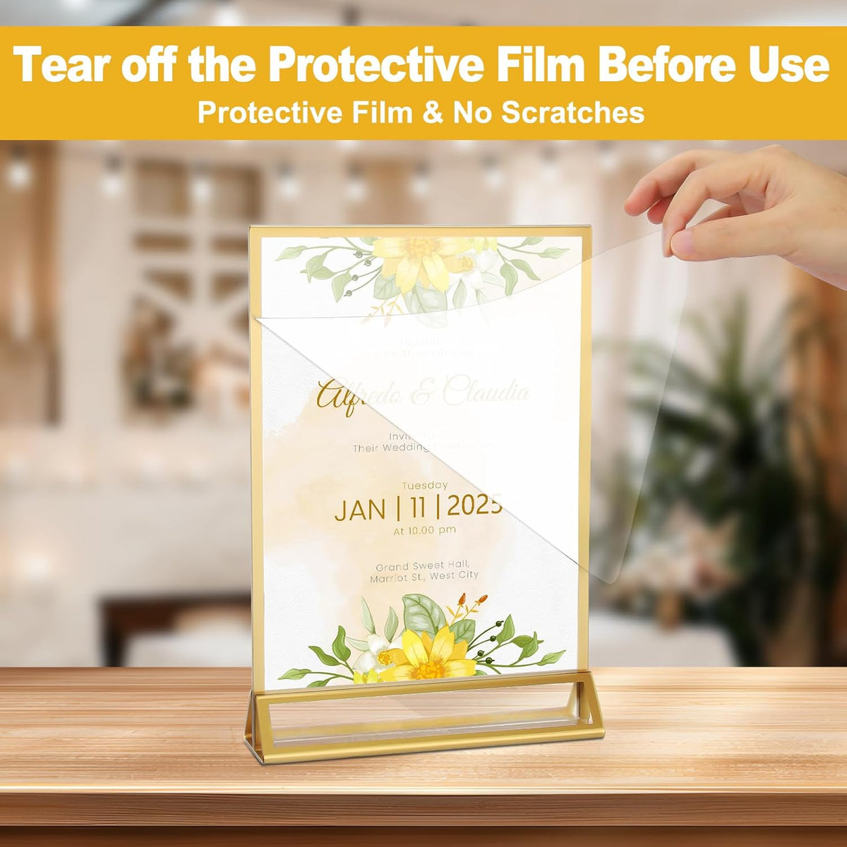 EHWINE 2 Pack Acrylic Sign Holder 4 x 6, Double Sided Gold Picture Frame Stand up Table Top Sign