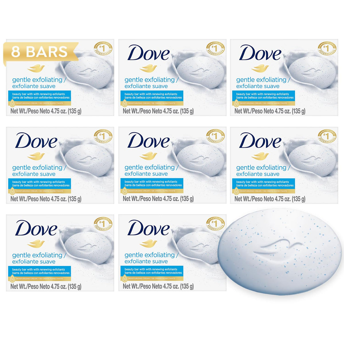 Dove Soap, Gentle Exfoliating Beauty Bar 8-Pack – 3-in-1 Moisturizing Face, Body & Hand Soap, 4.75