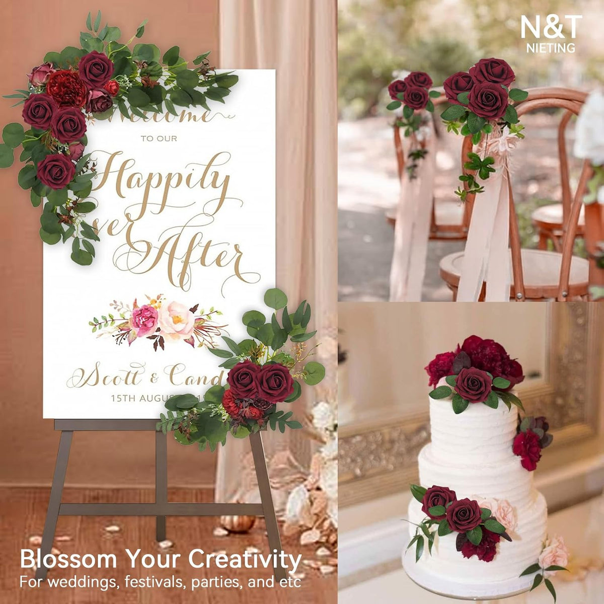 N&T NIETING Artificial Flowers - Fake Flowers Dark Red Roses Perfect DIY Wedding Bouquets