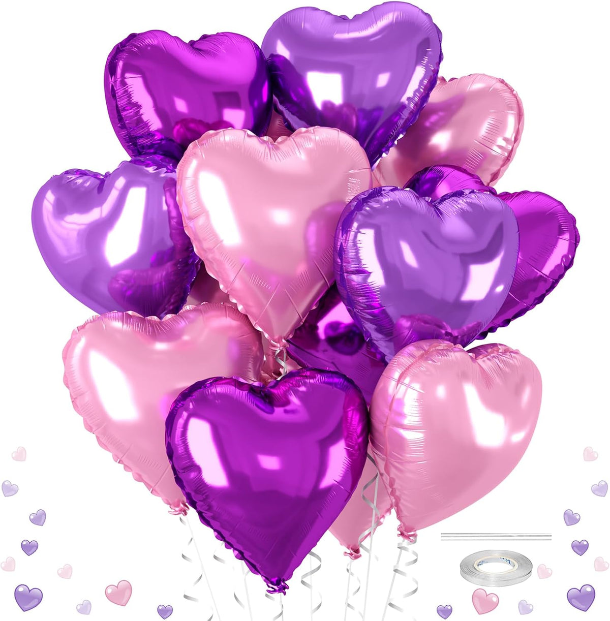 12 Pcs Heart Balloons, 18 inch Pink Purple Heart Shaped Balloon, Big Helium Foil Hot Pink Purple