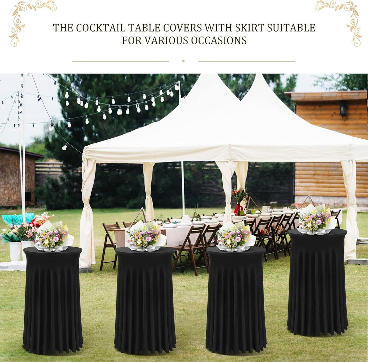 Cocktail Table Covers - 3 Pack 32"x 43" Black Cocktail Table Tablecloth with Natural Wavy Round