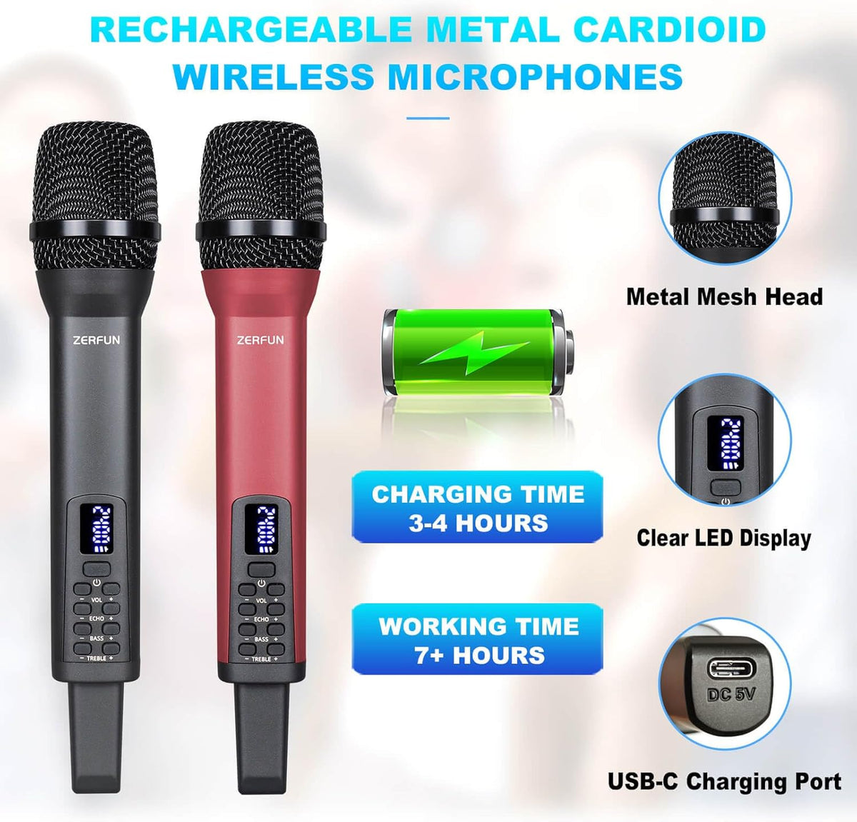 Dual Rechargeable Wireless Microphones, Pro Handheld Cordless Mics System with Echo Treble BASS VOL