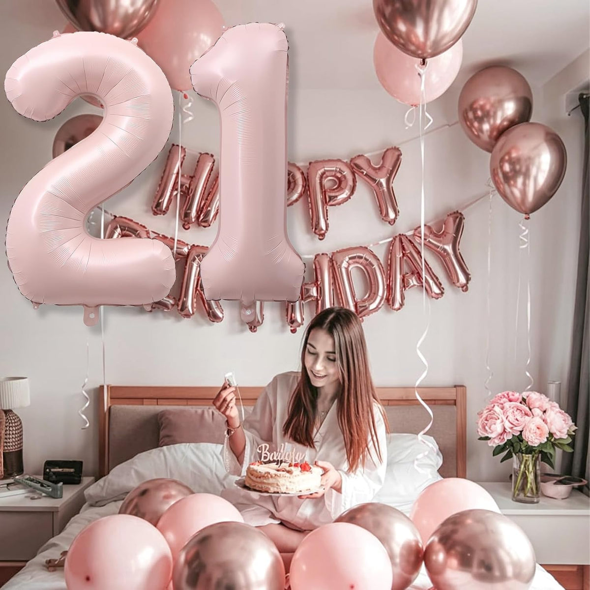 Light Pink 21st Birthday Balloon for Women, 40'' Self Inflating Mylar Number 21 Balloons, Big Blush