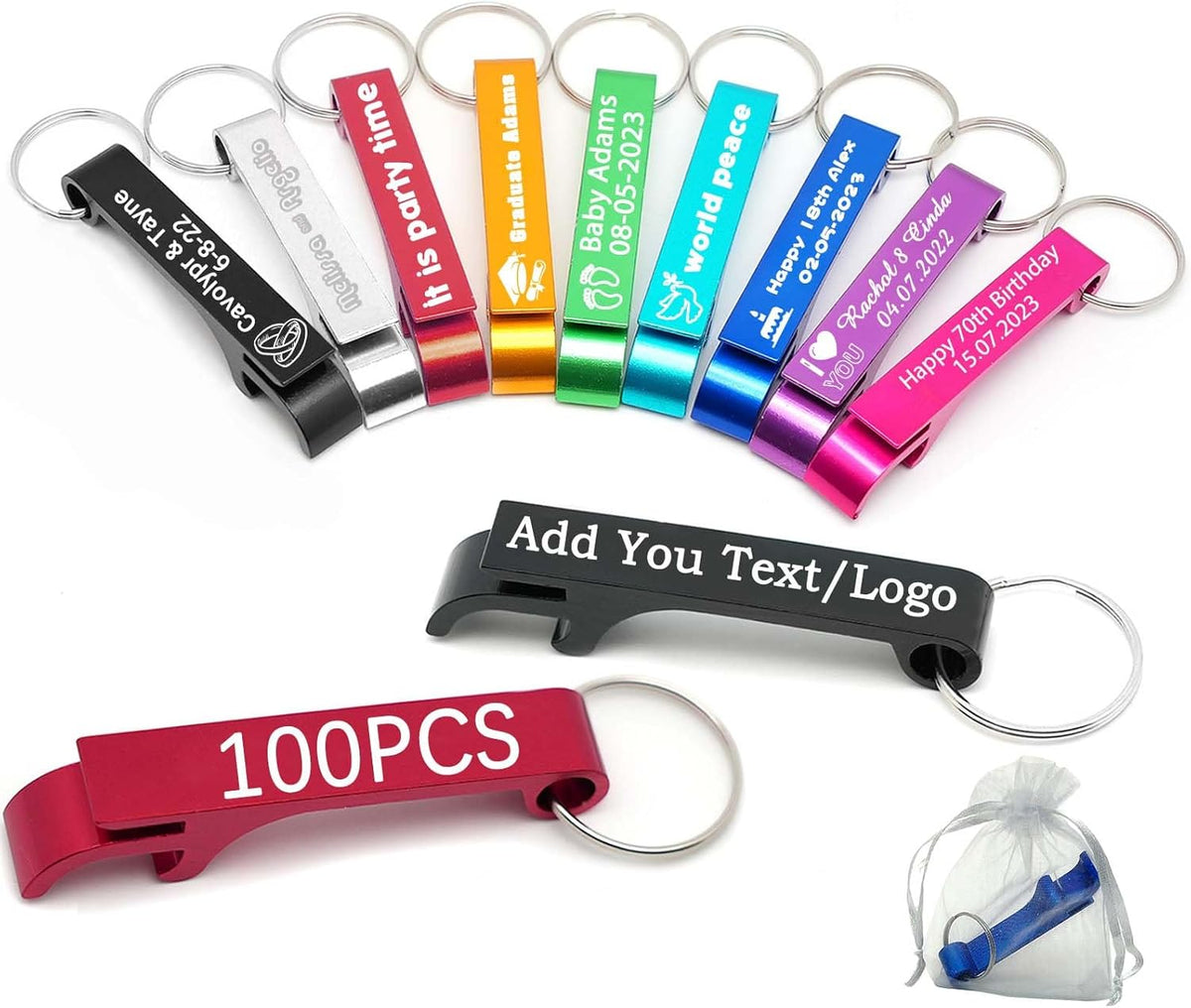 100pcs Personalized Bottle Opener Keychain Bulk Custom Engraved Text/Logo Keychains Customized Beer