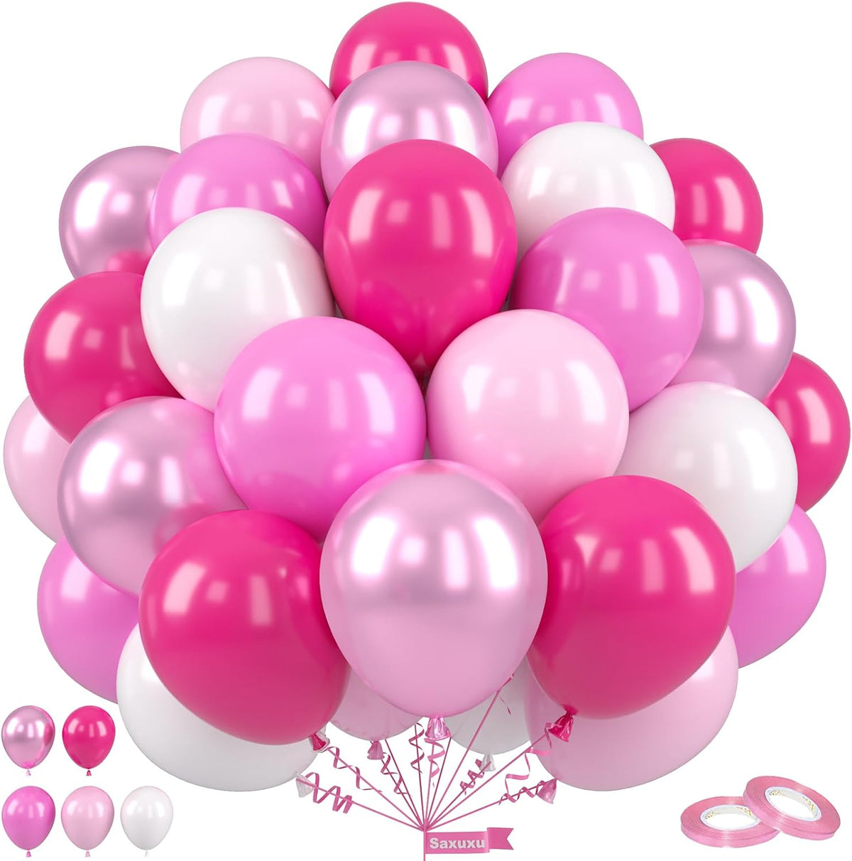 Pink Balloons, 12 Inch Hot Pink Balloons, Pastel Metallic Pink White Latex Balloon Helium for Girls