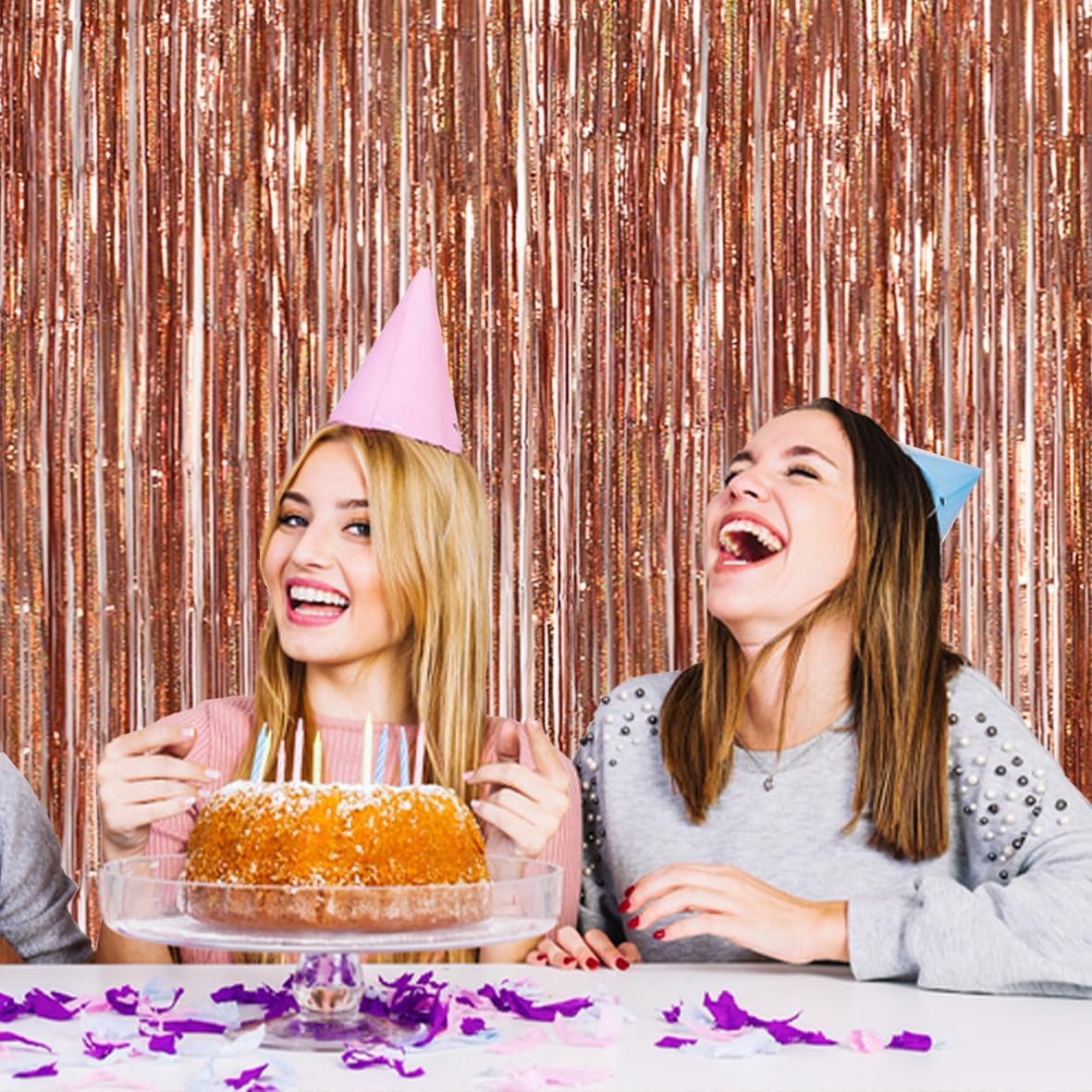 TONIFUL 3Pcs Laser Rose Gold Door Streamers,Laser Rose Gold Photo Booth Backdrop Metallic Streamers