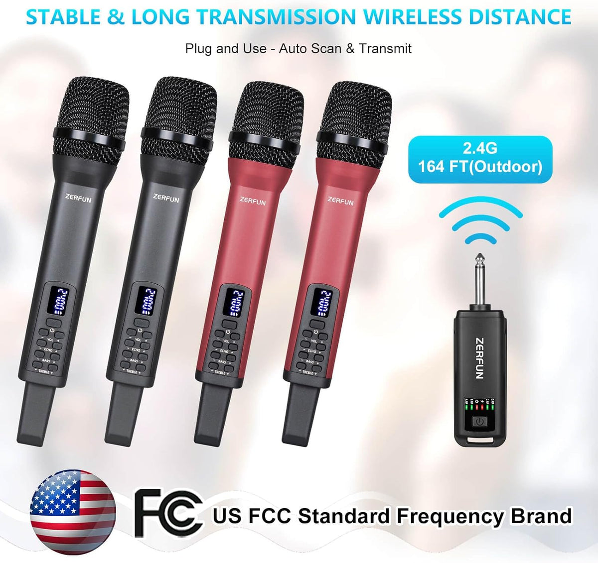 4 Rechargeable Wireless Microphones, Pro Handheld Cordless Mics System with Echo Treble BASS VOL