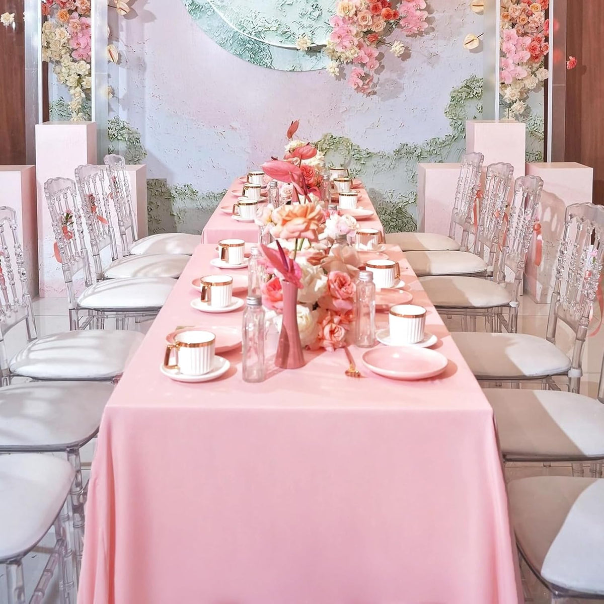 8 Pack Pink Tablecloth 60 x 126 Inch Rectangular Tablecloths for 8 Foot Rectangle Tables, Wrinkle