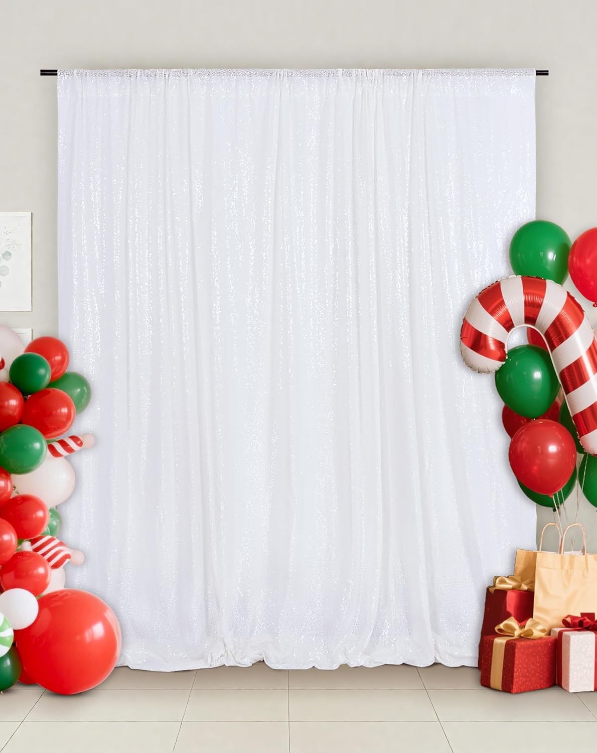 Eternal Beauty White Sequin Backdrop, 6x8 Ft Glitter Background Curtains for Christmas Shimmer