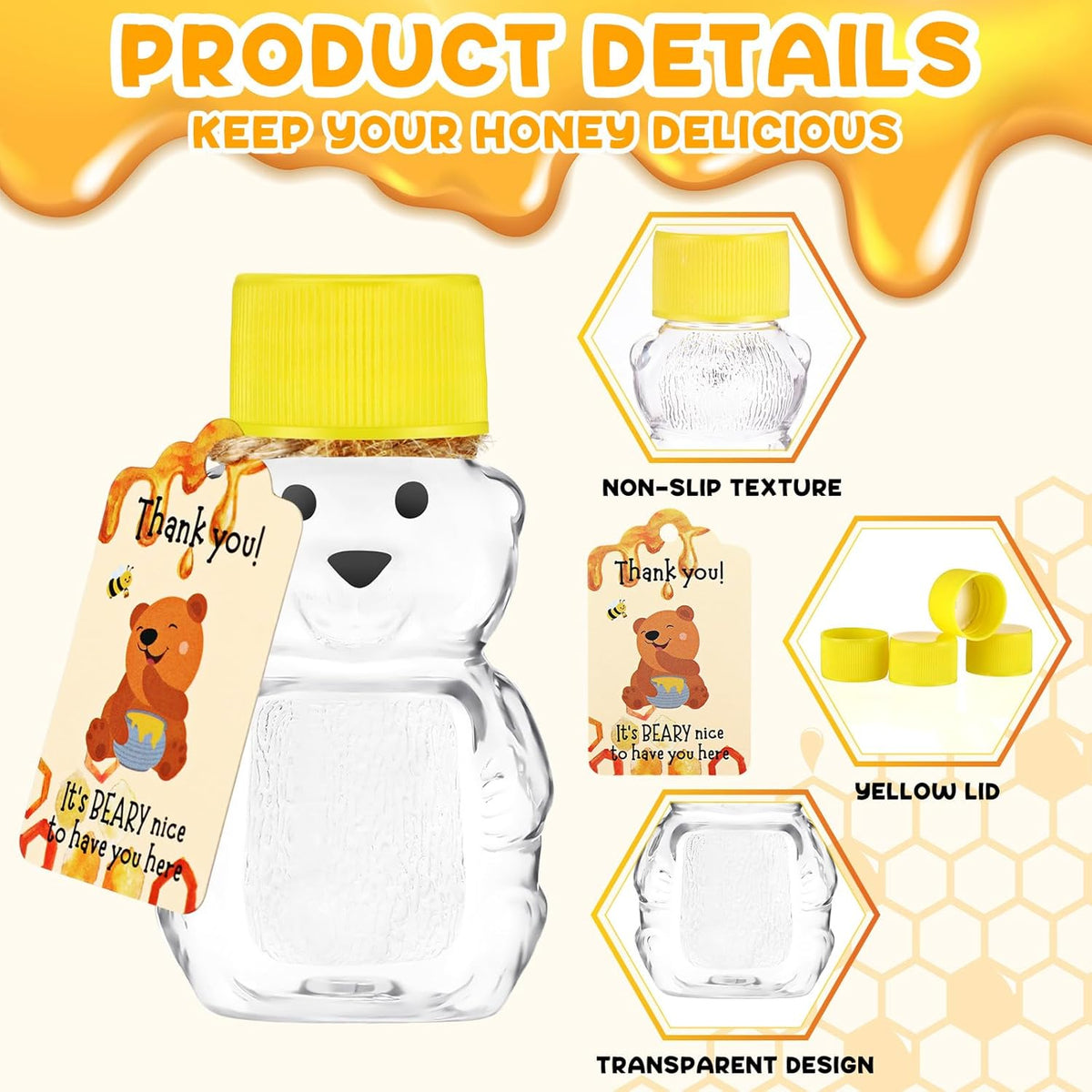 96 Sets 2 oz Plastic Honey Bear Bottle Bear Shape Clear Empty Honey Jar 96 Tags 2 Rolls Jute Rope
