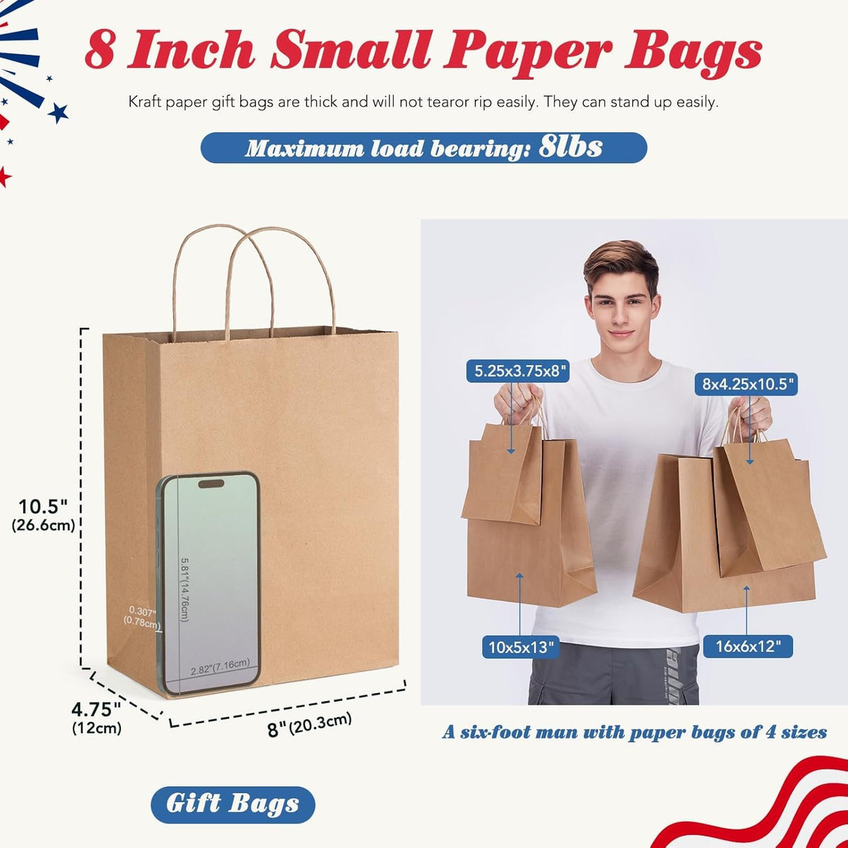 GSSUSA 100 Pack 8x4.25x10'' Paper Gift Bags with Handles Bulk, Brown Kraft Bags for Small Business