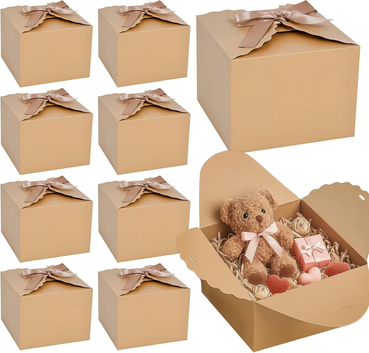 VGOODALL 10PCS Gift Boxes, 4.7" x 4.7" x 3.5" Brown Candy Boxes with Ribbon Mini Kraft Paper Party